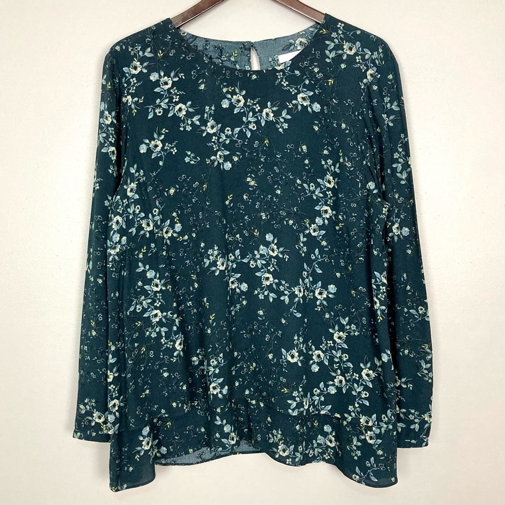 J. Jill Layered Hem Blouse Women’s Size L Petite Floral Long Sleeve Keyhole Top